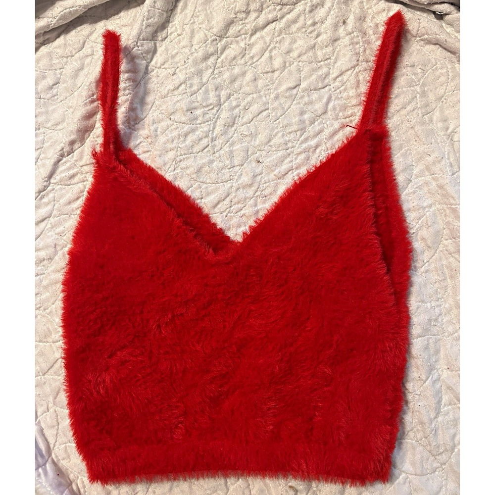 For Love and Lemons Fiona Crop Top Red Fuzzy Knit Cami Sweater Tank M